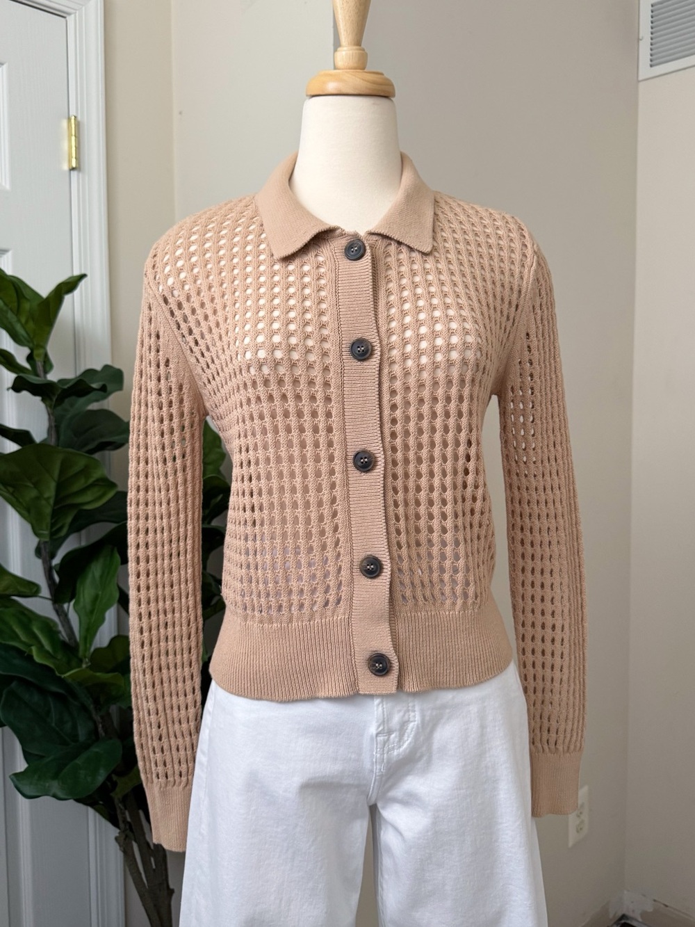 Mango Open-Weave tan Button-Front Cardigan
